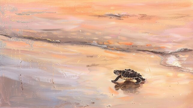 Baby turtle journey to sea, oil paint style, dawn light, sandy beach, hopeful gaze, pastel dawn hues.