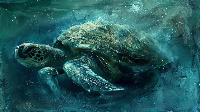 Wise old turtle, classic oil painting look, deep ocean, mystical aura, textured shell, soft blues. 