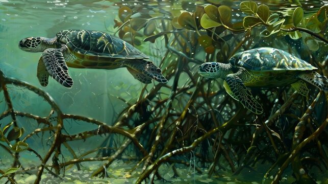 Playful turtles in mangrove, oil paint effect, green waters, sunlit roots, joyful exploration, lush greens.