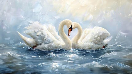 Swan couple, classic oil painting look, peaceful waters, tender moment, soft light, love's embrace. - obrazy, fototapety, plakaty