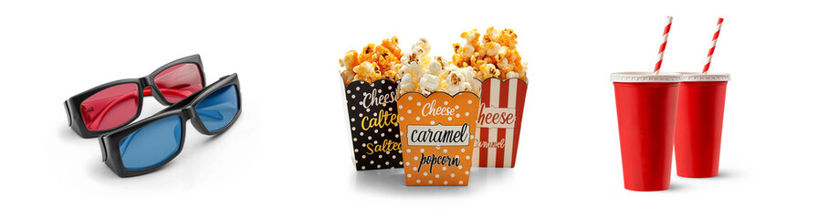 Obraz premium movie time and cinema popcorn and cold soft drink refreshment with 3D glasses for entertainment theater icon set isolated on png transparent background