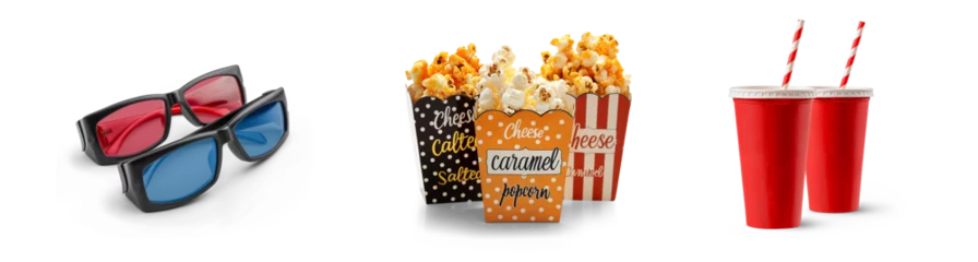 Foto auf Acrylglas movie time and cinema popcorn and cold soft drink refreshment with 3D glasses for entertainment theater icon set isolated on png transparent background © sizsus