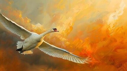 Graceful swan in flight, oil paint style, sunset sky, dynamic pose, warm hues, powerful grace. 