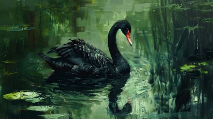 Majestic black swan, oil paint effect, striking contrast, dark waters, mysterious aura, deep greens. 