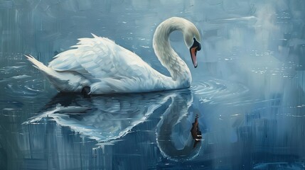 Reflective swan, oil painting technique, calm pond, introspective pose, soft blues, tranquil solitude. - obrazy, fototapety, plakaty