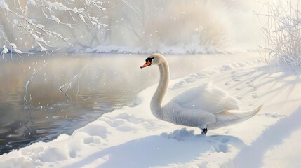 Swan in snow, classic oil painting look, winter's purity, soft whites, serene grace, quiet beauty. d6