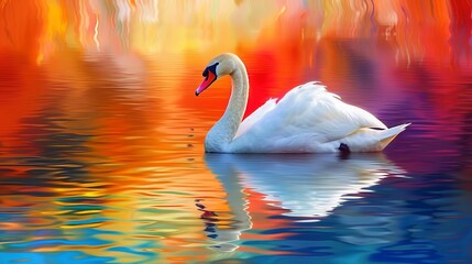 Vibrant swan on colorful lake, oil painting style, sunset reflections, vivid palette, tranquil scene.  - obrazy, fototapety, plakaty