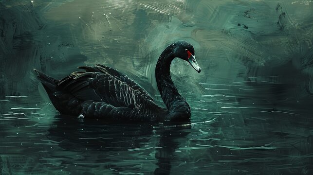 Majestic black swan, oil paint effect, striking contrast, dark waters, mysterious aura, deep greens. 