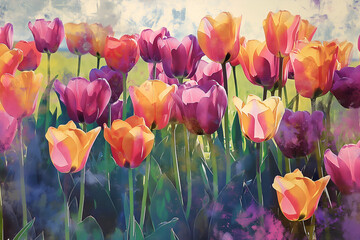 Dynamic mixed media artwork celebrating tulip field's vibrant energy. Bold hues evoke joy, optimism, and happiness with saturated colors.