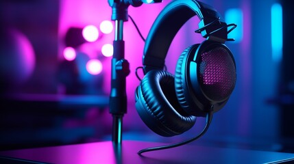 A close-up of a microphone and headphones for podcasting or ASMR sounds on black stand in a neon led lighting, cyan and magenta, in a sound recording studio.