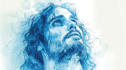 A serene blue-toned sketch of Jesus looking upward with a calm and hopeful expression