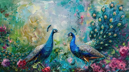 Pair of peacocks, oil paint effect, tender interaction, vibrant garden, rich textures, loveâ€™s dance. 