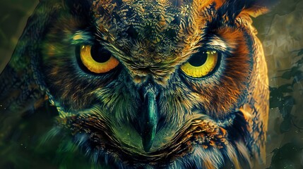 Vibrant owl eyes, dynamic oil painting style, night hunter, intense focus, vivid greens, mystical aura. 