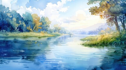 A watercolor illustration of a biblical scene by a tranquil body of water, soft tones, fine details, high resolution, high detail, 32K Ultra HD, copyspace, watercolor hand drawn