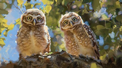 Playful owl chicks, oil paint effect, fluffy textures, curious glances, bright daylight, joyful discovery. 