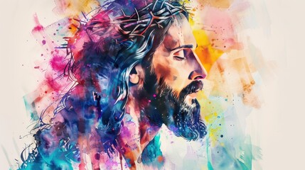 Abstract art portrait of Jesus in a vibrant splash of colors, soft tones, fine details, high resolution, high detail, 32K Ultra HD, copyspace, watercolor hand drawn