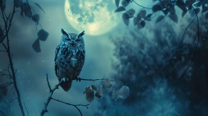 Solitary owl on branch, classic oil painting look, moonrise backdrop, contemplative solitude, cool blues.