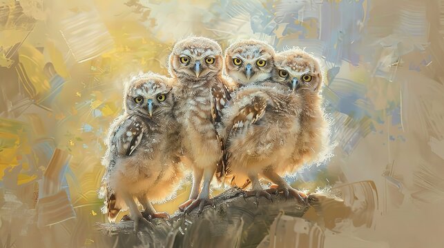Playful owl chicks, oil paint effect, fluffy textures, curious glances, bright daylight, joyful discovery.