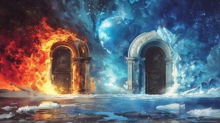 Conceptual image of two doors leading to fiery and icy worlds, depicting contrast, soft tones, fine details, high resolution, high detail, 32K Ultra HD, copyspace, watercolor hand drawn