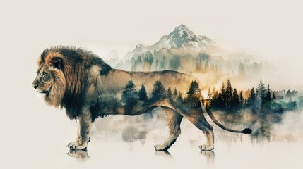 Obraz premium Artistic double exposure of lion with mountain and forest blending into its body