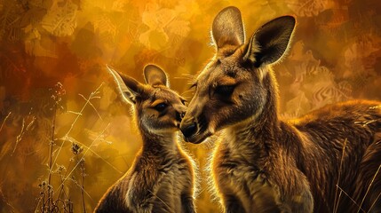 Kangaroo and joey, oil painting style, protective embrace, warm sunset, tender interaction, golden glow. 