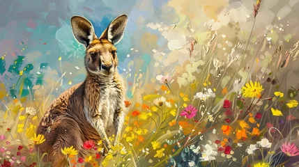 Foto op Plexiglas Kangaroo in wildflower field, oil painting effect, spring bloom, playful exploration, colorful palette, joyful scene.  © Thanthara