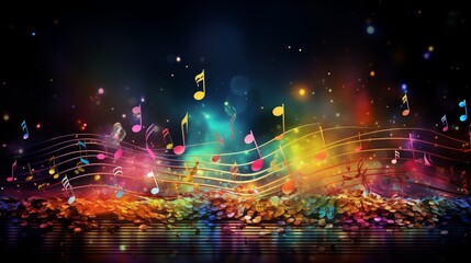 Colorful music notes background with sheet music, disc and treble clef. - obrazy, fototapety, plakaty