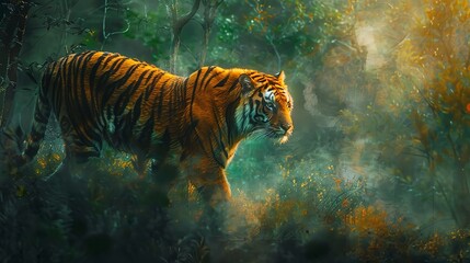 Majestic tiger in jungle mist, oil painting effect, early morning light, vibrant greens, mysterious aura.  - obrazy, fototapety, plakaty