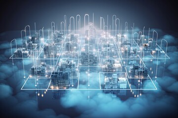 Fototapeta premium Cloud Computing Concept Visualization: Servers and Data Units Interconnected in a Digital Landscape 
