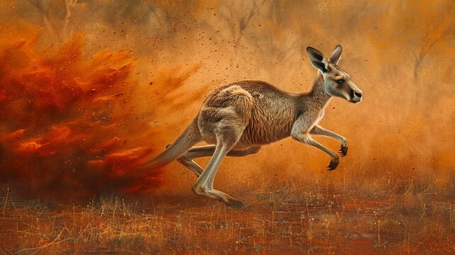 Dynamic kangaroo in motion, oil painting style, action shot, red dust cloud, intense focus, vibrant outback hues.