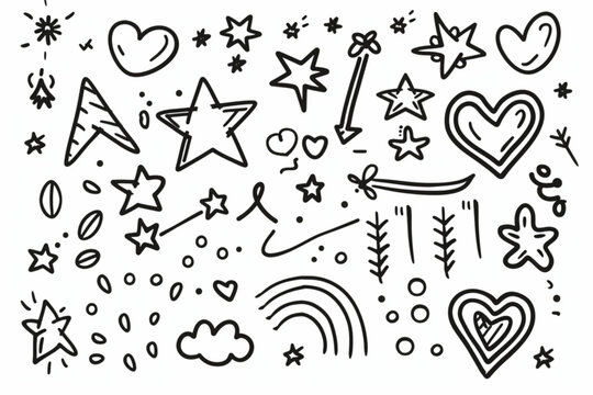 Hand drawn line cute star sparkle, heart, arrow elements. Doodle heart, arrow, star, sparkle decoration set icon. Simple sketch line style emphasis, attention, pattern elements. Vector illustration ve