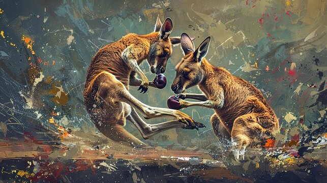 Boxing kangaroos, dynamic oil painting look, dramatic pose, intense action, vivid backdrop, spirited competition. 