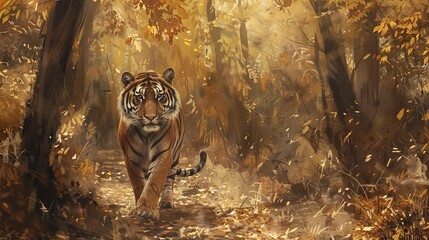 Solitary tiger, oil painting style, autumn forest, soft rustling leaves, muted earth tones, peaceful solitude.  - obrazy, fototapety, plakaty