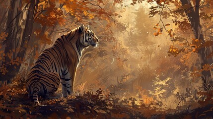 Solitary tiger, oil painting style, autumn forest, soft rustling leaves, muted earth tones, peaceful solitude. -
