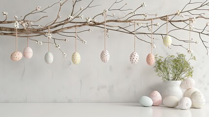 Simple Easter decoration with twigs and hanging eggs on a white wall, soft tones, fine details, high resolution, high detail, 32K Ultra HD, copyspace, watercolor hand drawn