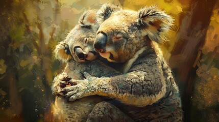 Koala family cuddling, classic oil painting look, tender moment, warm hues, intimate embrace, serene. 