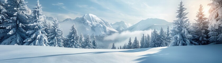 Snowy stage with a winter mountain backdrop, soft tones, fine details, high resolution, high detail, 32K Ultra HD, copyspace