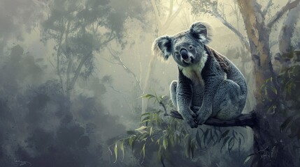 Lone koala, oil paint effect, misty morning, contemplative solitude, soft greys and greens, quiet beauty.  - obrazy, fototapety, plakaty