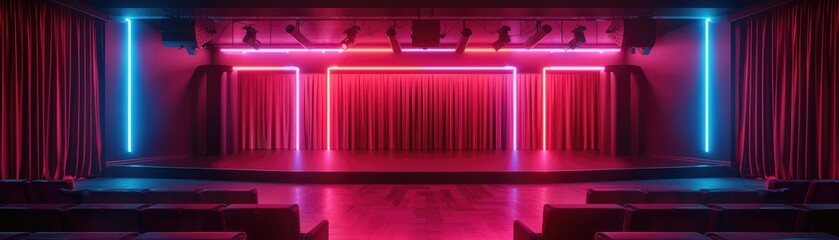 Theater stage with neon lights and red curtains, soft tones, fine details, high resolution, high detail, 32K Ultra HD, copyspace