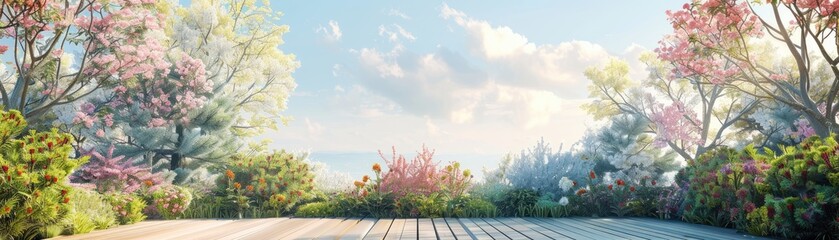 Tranquil garden showcase with sunlit wooden platform and flowering shrubs, soft tones, fine details, high resolution, high detail, 32K Ultra HD, copyspace, watercolor hand drawn