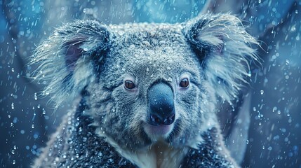 Obraz premium Koala in the rain, oil paint effect, water droplets on fur, reflective mood, cool blues, serene atmosphere. 