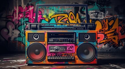 Retro old design ghetto blaster boombox radio cassette tape recorder from 1980s in a grungy graffiti covered room.music blaster. - obrazy, fototapety, plakaty