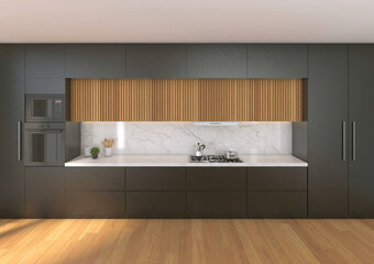 Interior of a kitchen seen from the front. Luminous image. Wooden floor, black furniture, marble counter tops and a wainscoting on the top.