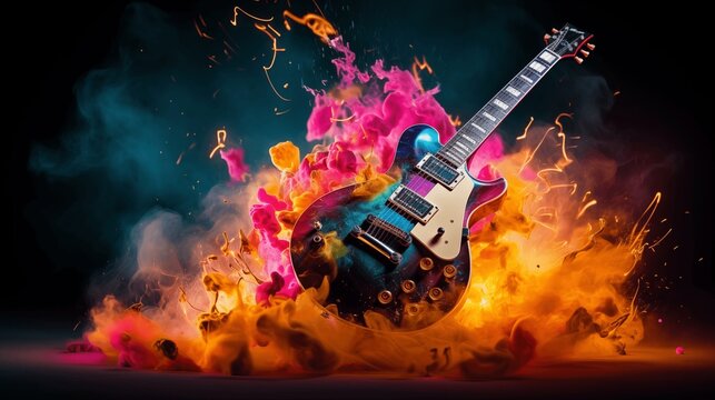 rock music instruments exploding with colourful.