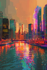 Glistening Cityscape: A Symphony of Color and Light in a Modern City