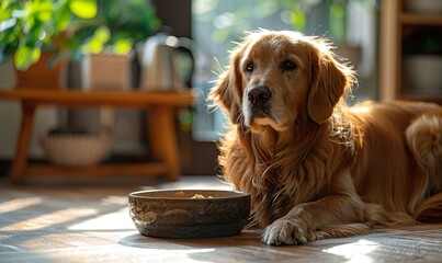 A golden retriever lying contentedly next to its food bowl on the floor in the kitchen