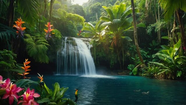 waterfall in the forest, seamless looping animation video background 