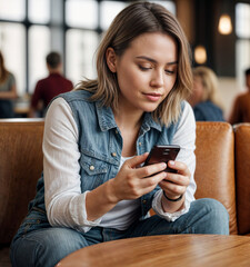 A woman sitting on a booth seat in a cafe, using her phone.