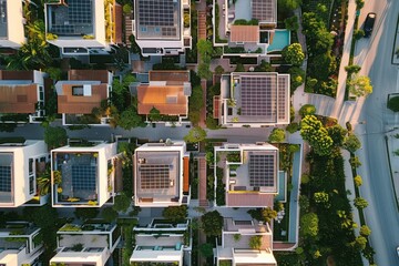 Aerial drone top view photo of modern urban development with solar panels on the house rooftops Architectural solution for country house, ecological construction, eco consumption, energy recycling - 785777083