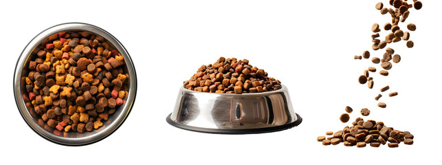 Top and Side Views of Falling Dog Food Set, Isolated on Transparent Background, PNG